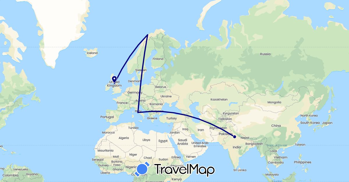 TravelMap itinerary: driving in United Kingdom, India, Italy, Norway (Asia, Europe)